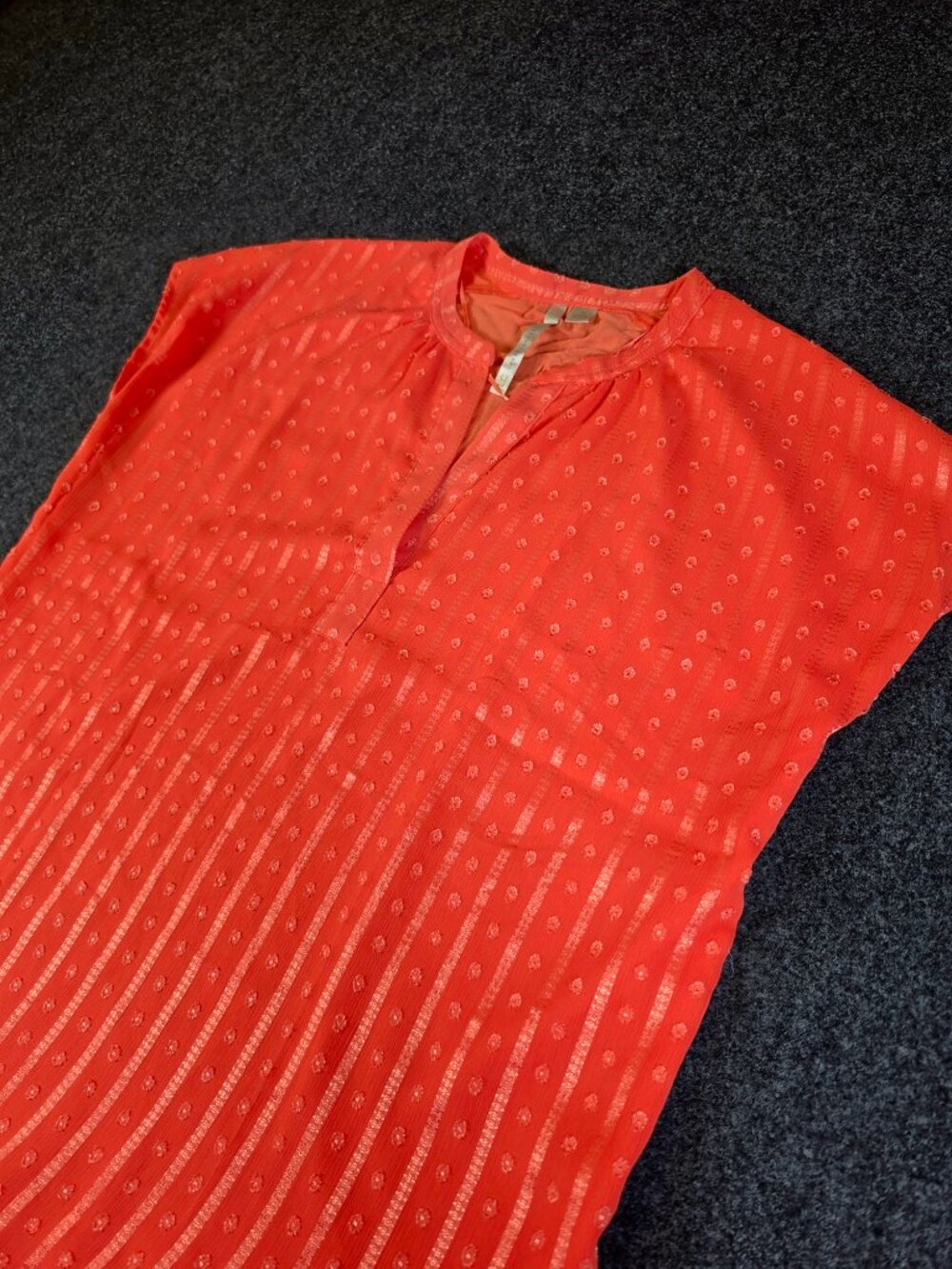 LC Lauren Conrad Women's Medium Coral Orange Blouse Metallic Stripe Dot Sheer